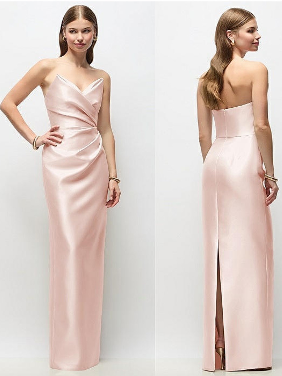 Alfred Sung Blush Pink Strapless Asymmetrical Draped Satin Gown